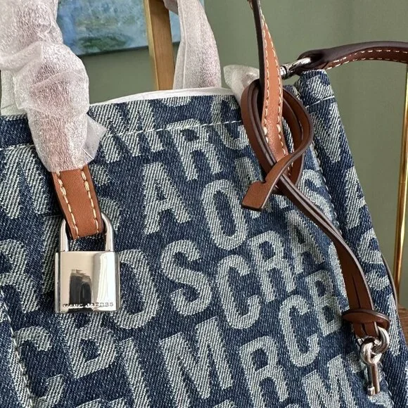 NWT! Marc Jacobs The Jumbo Logo Jacquard Micro Grind Denim Tote Crossbody
